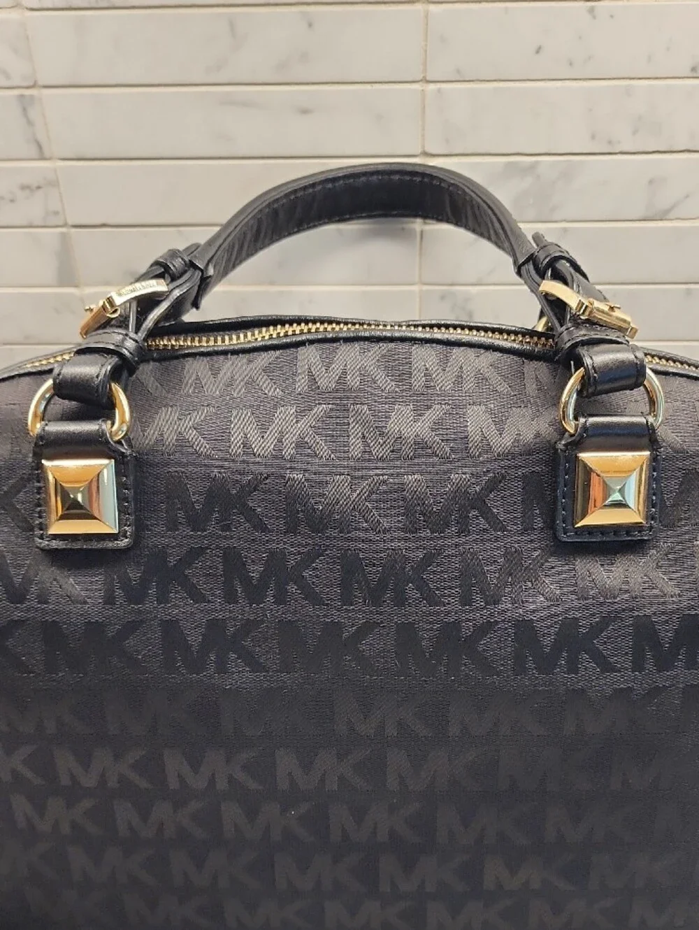 Michael Kors Black MK Logo Satchel with Gold Hardware